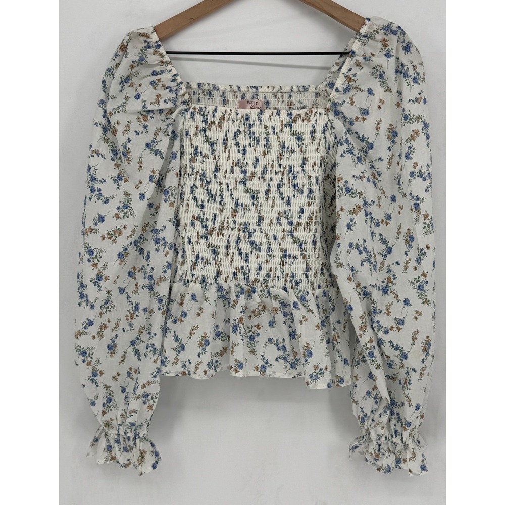 Dizzy Lizzy Floral Smocked Blouse Women XL‎ White Blue Puff Sleeve Boho Peasant